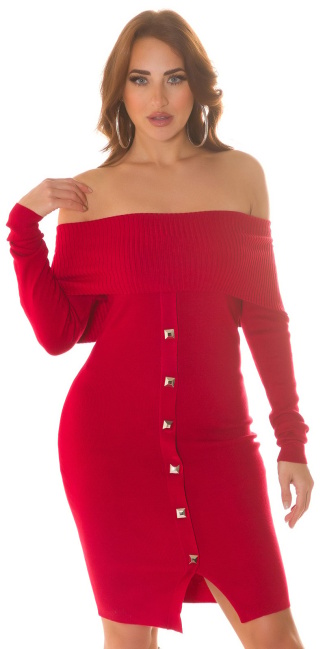 off-shoulder Knit Dress with studs Red